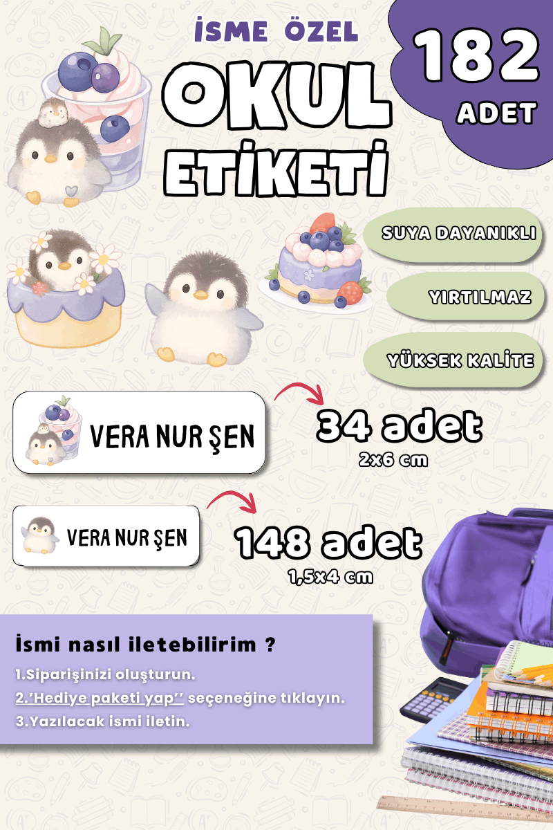 182 Adet Okul Etiketi Kalem Defter Etiketi Sevimli Penguen Temalı İsme Özel Etiket