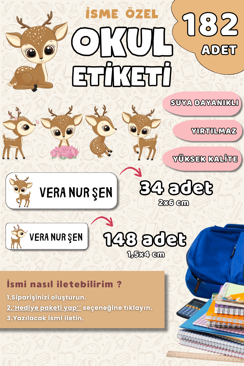 182 Adet Okul Etiketi Kalem Defter Etiketi Sevimli Ceylan Temalı İsme Özel Etiket