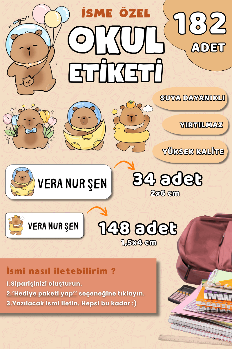 182 Adet Okul Etiketi Kalem Defter Etiketi Kapibara Temalı İsme Özel Etiket