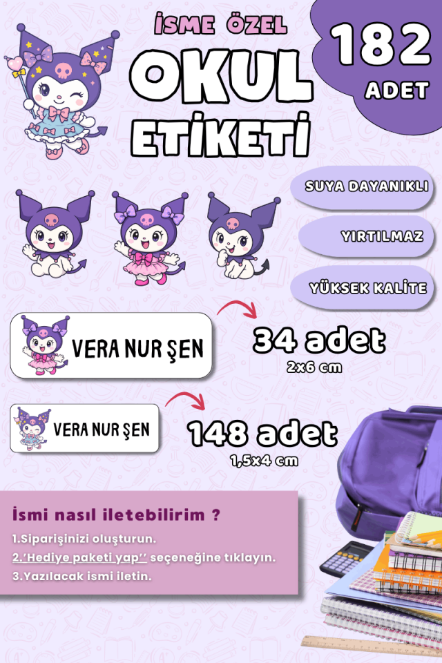 182 Adet Okul Etiketi Kalem Defter Etiketi Sevimli Kuromi / Sanrio Temalı İsme Özel Etiket