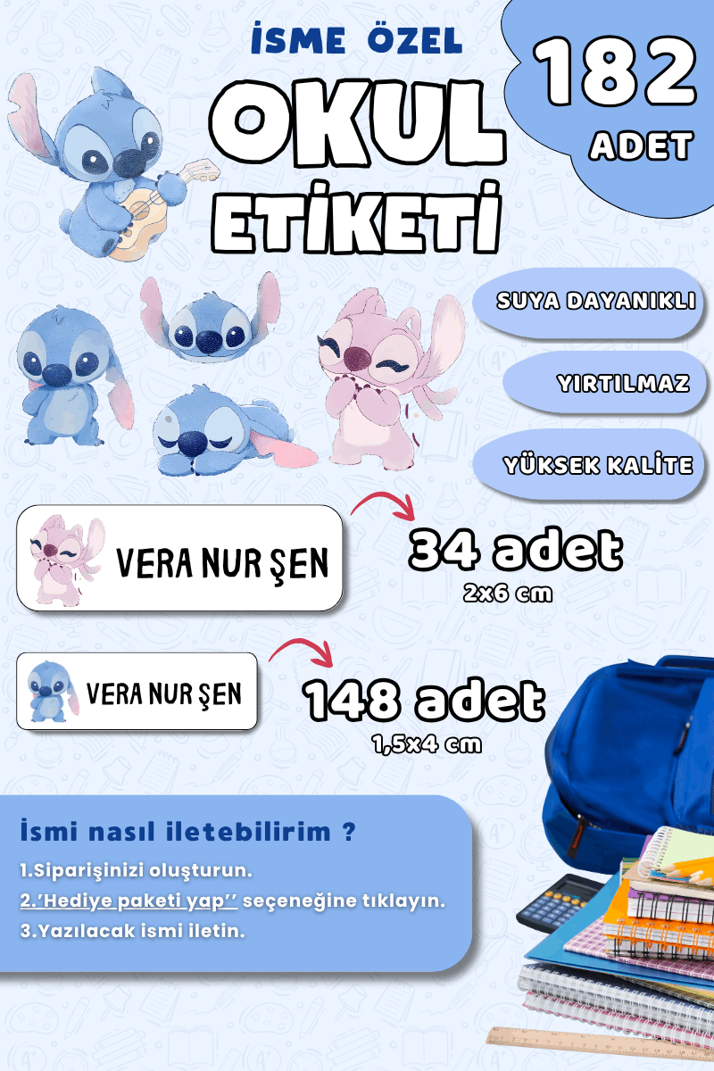 182 Adet Okul Etiketi Kalem Defter Etiketi Stitch Temalı İsme Özel Etiket