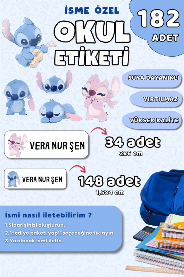 182 Adet Okul Etiketi Kalem Defter Etiketi Stitch Temalı İsme Özel Etiket