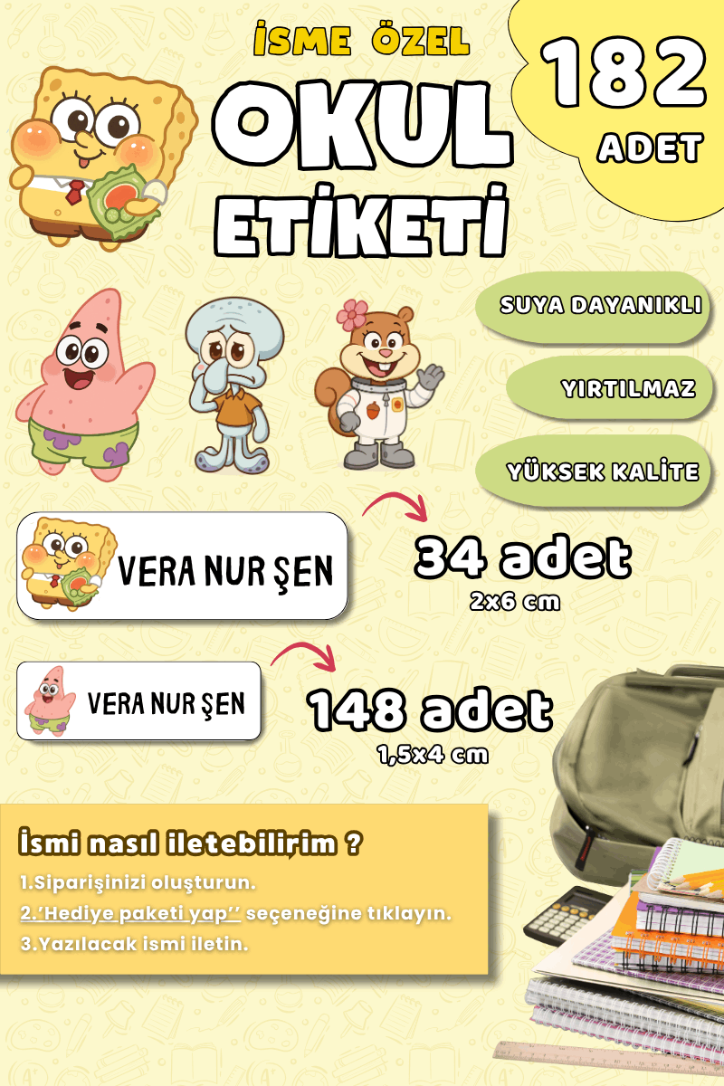 182 Adet Okul Etiketi Kalem Defter Etiketi Sünger Bob Kare Pantolon Temalı İsme Özel Etiket