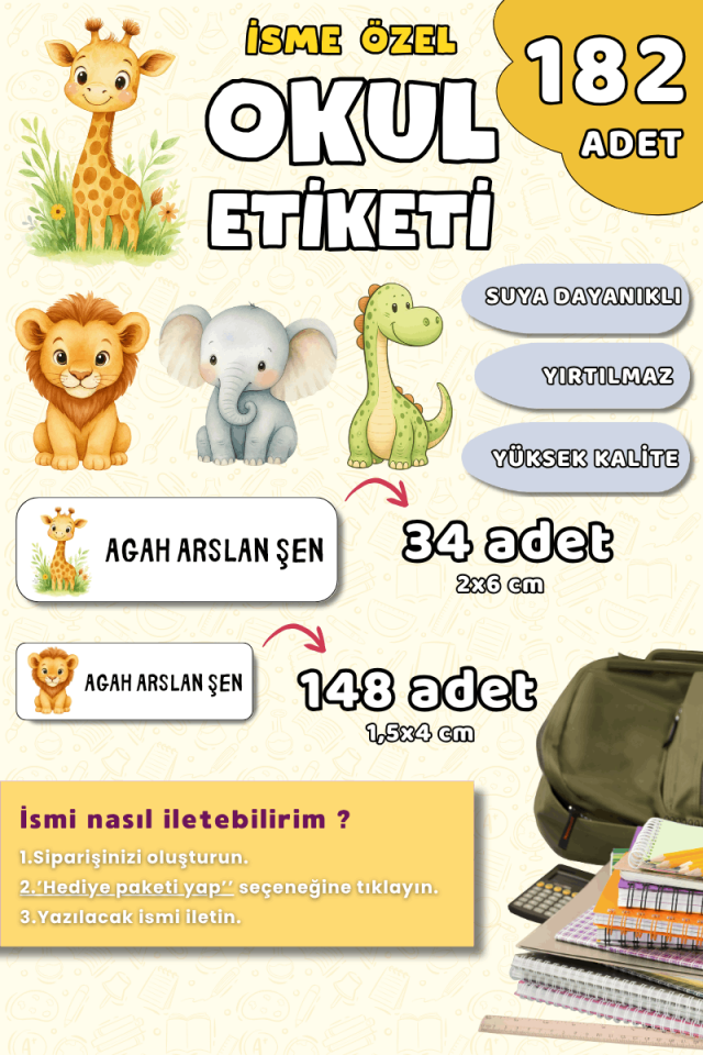 182 Adet Okul Etiketi Kalem Defter Etiketi Sevimli Hayvanlar Temalı İsme Özel Etiket