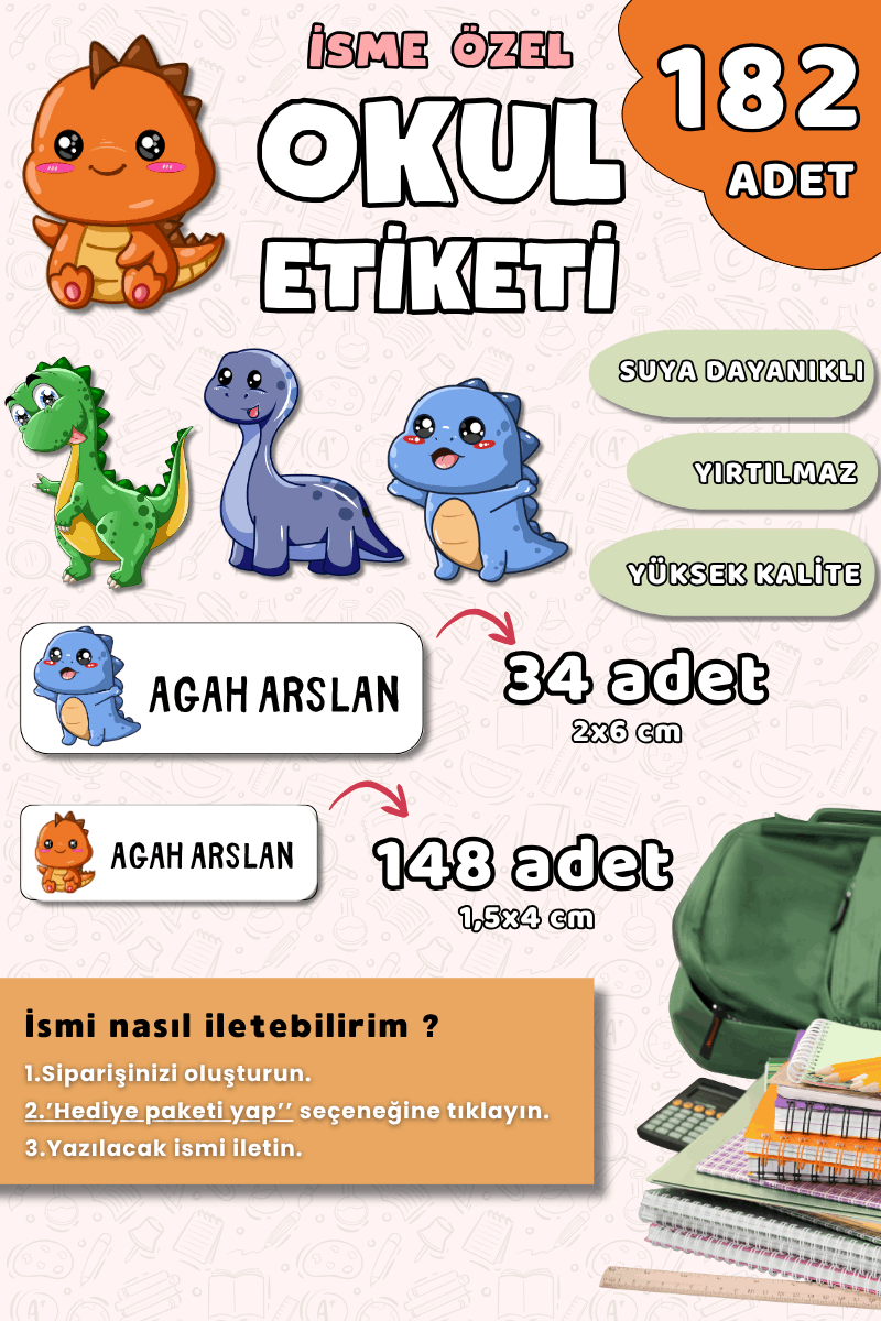 182 Adet Okul Etiketi Kalem Defter Etiketi Sevimli Dinazorlar Temalı İsme Özel Etiket