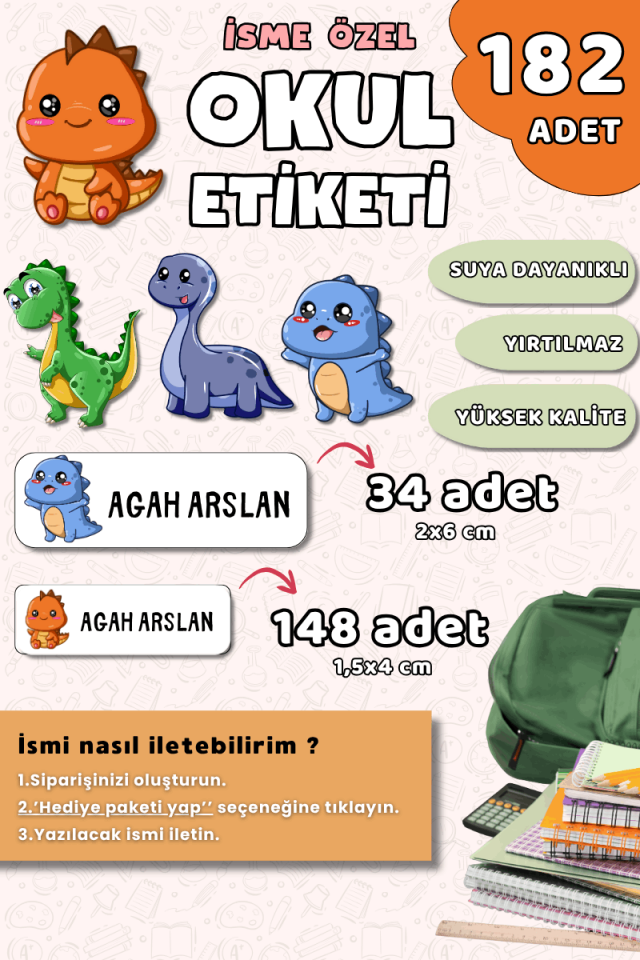 182 Adet Okul Etiketi Kalem Defter Etiketi Sevimli Dinazorlar Temalı İsme Özel Etiket