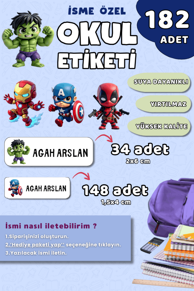 182 Adet Okul Etiketi Kalem Defter Etiketi Marvel Kahramanları Temalı İsme Özel Etiket