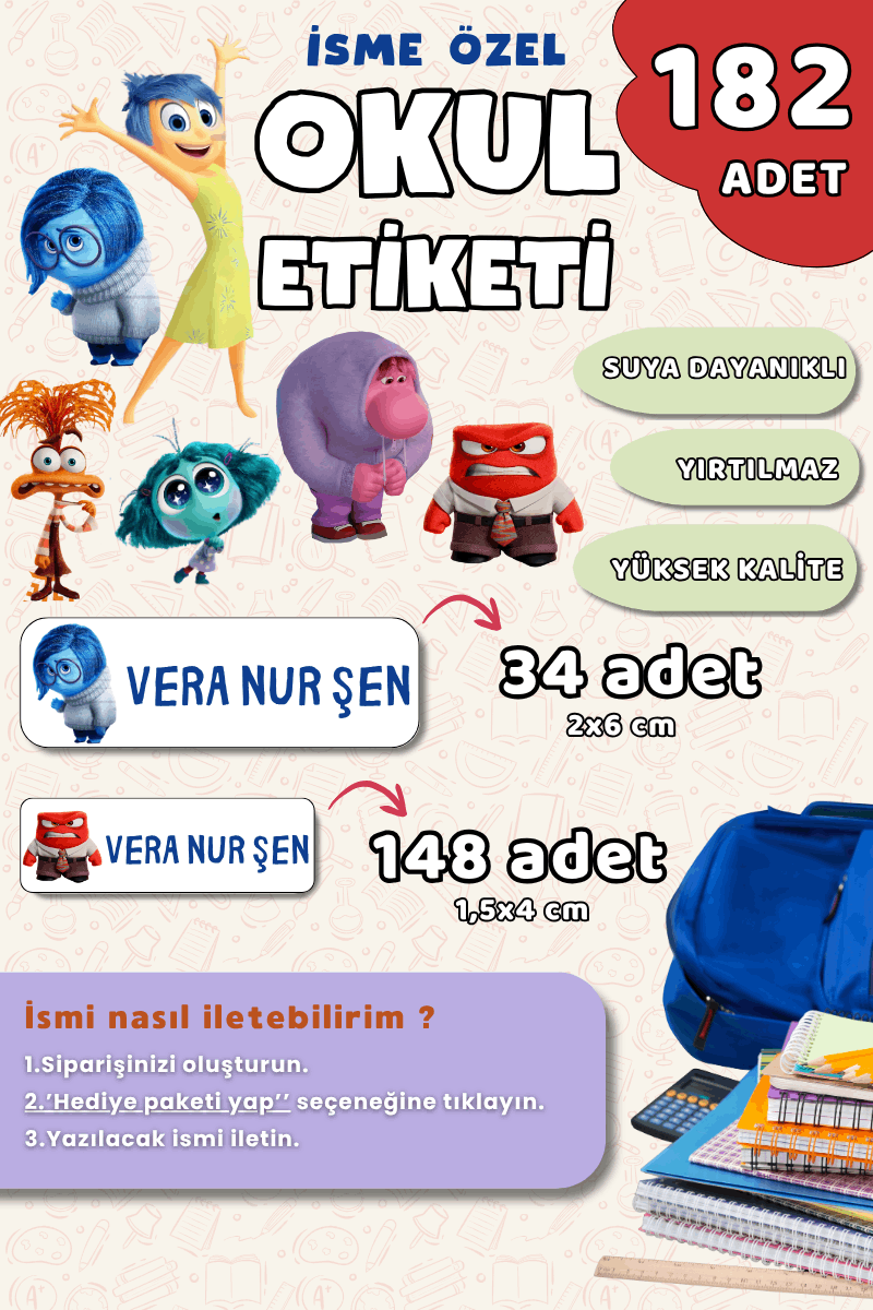 182 Adet Okul Etiketi Kalem Defter Etiketi Ters Yüz Temalı İsme Özel Etiket