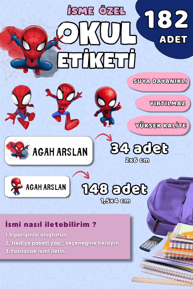 182 Adet Okul Etiketi Kalem Defter Etiketi Spider Man / Örümcek Adam Temalı İsme Özel Etiket