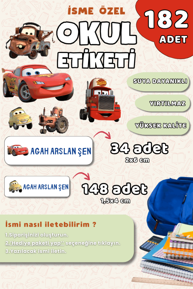 182 Adet Okul Etiketi Kalem Defter Etiketi Cars / Arabalar Temalı İsme Özel Etiket