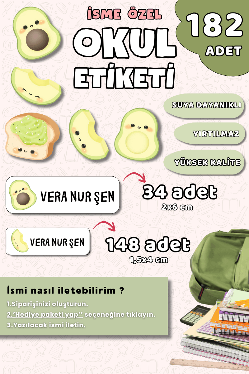 182 Adet Okul Etiketi Kalem Defter Etiketi Avokado Temalı İsme Özel Etiket
