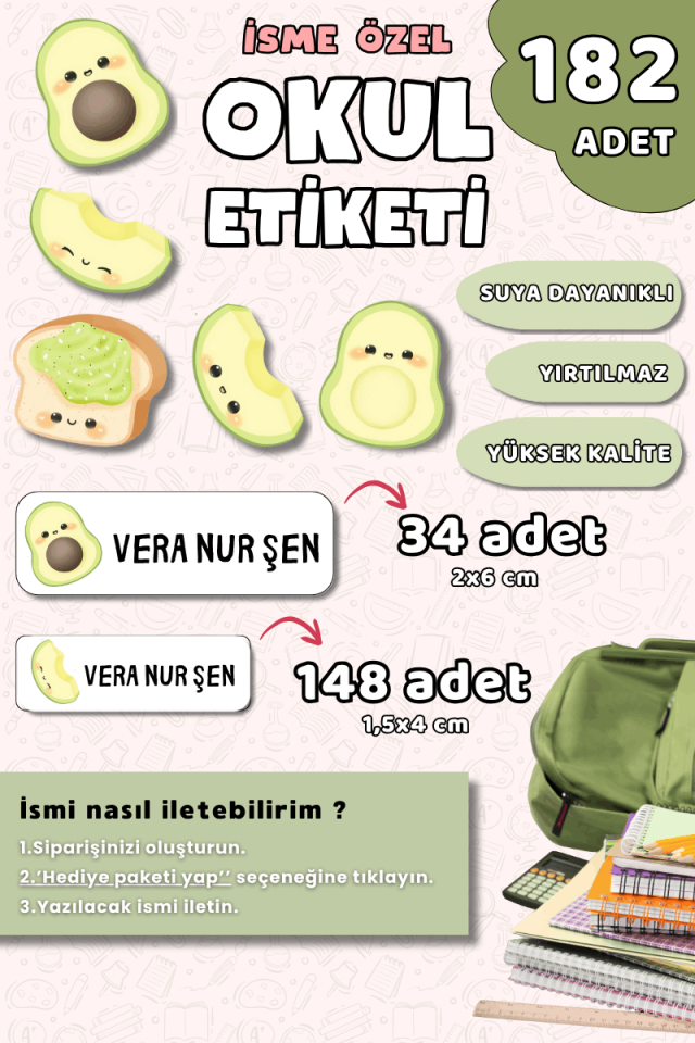 182 Adet Okul Etiketi Kalem Defter Etiketi Avokado Temalı İsme Özel Etiket
