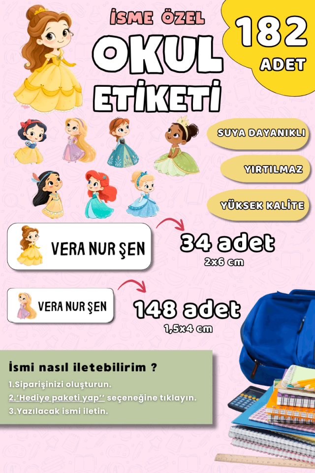 182 Adet Okul Etiketi Kalem Defter Etiketi Prensesler Temalı İsme Özel Etiket