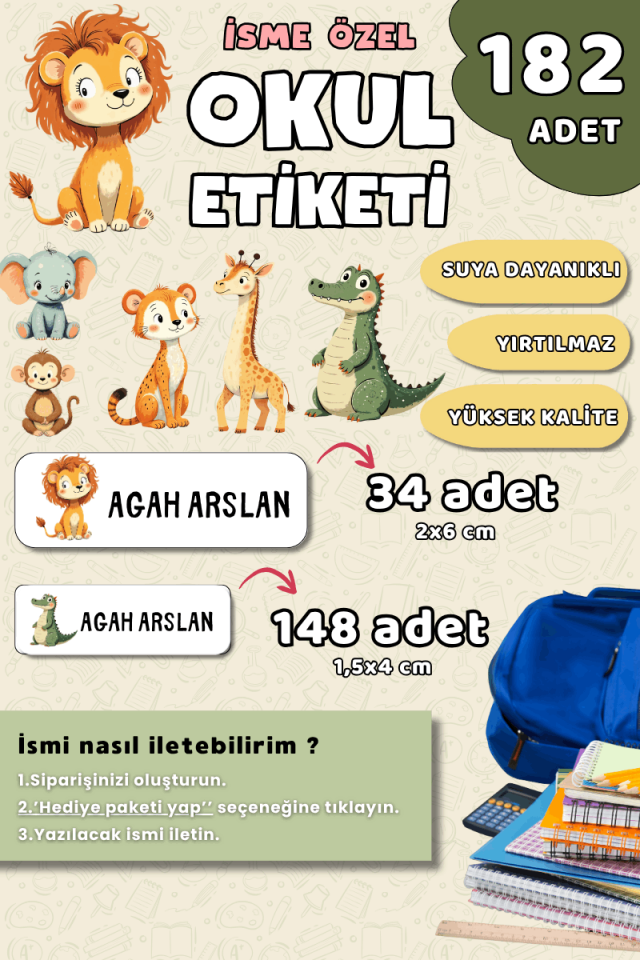 182 Adet Okul Etiketi Kalem Defter Etiketi Sevimli Safari Hayvanları Temalı İsme Özel Etiket