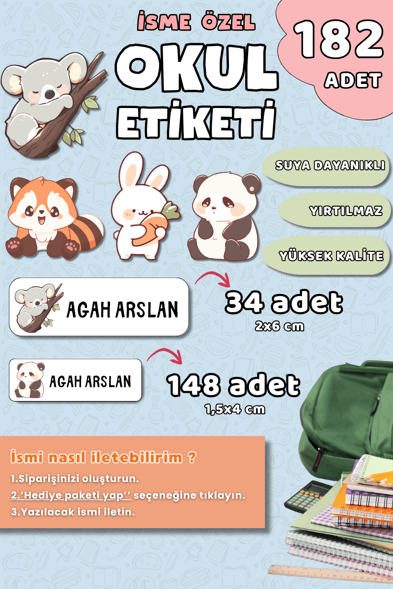 182 Adet Okul Etiketi Kalem Defter Etiketi Sevimli Hayvanlar Temalı İsme Özel Etiket