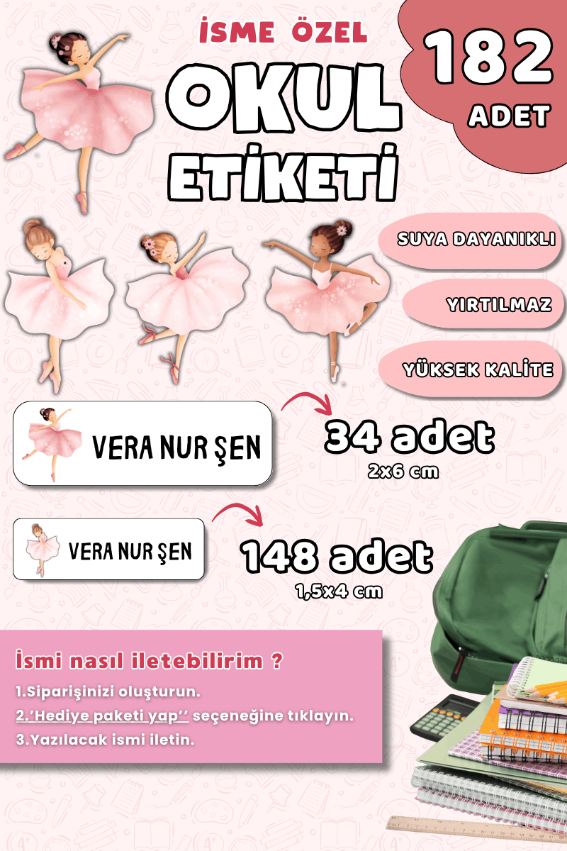 182 Adet Okul Etiketi Kalem Defter Etiketi Balerin Temalı İsme Özel Etiket