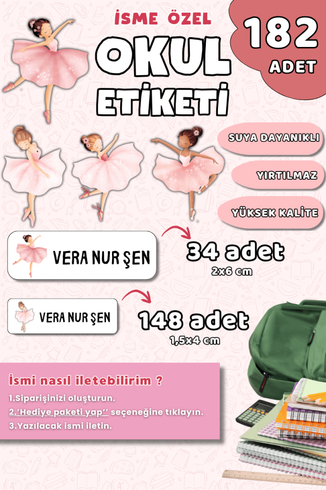 182 Adet Okul Etiketi Kalem Defter Etiketi Balerin Temalı İsme Özel Etiket