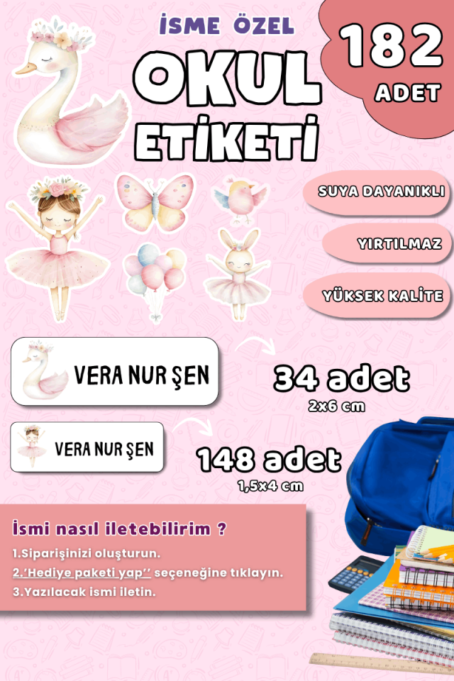 182 Adet Okul Etiketi Kalem Defter Etiketi Soft Kuğu Temalı İsme Özel Etiket