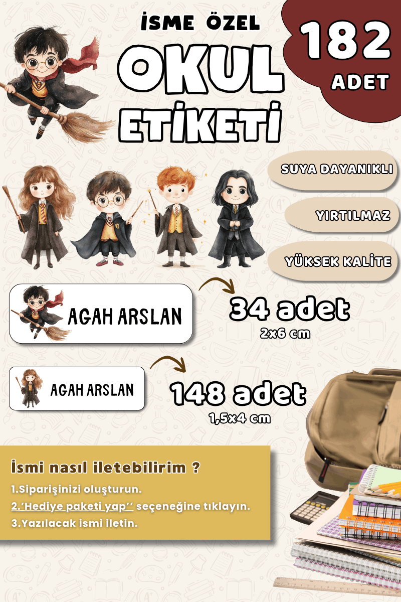 182 Adet Okul Etiketi Kalem Defter Etiketi Harry Potter Temalı İsme Özel Etiket