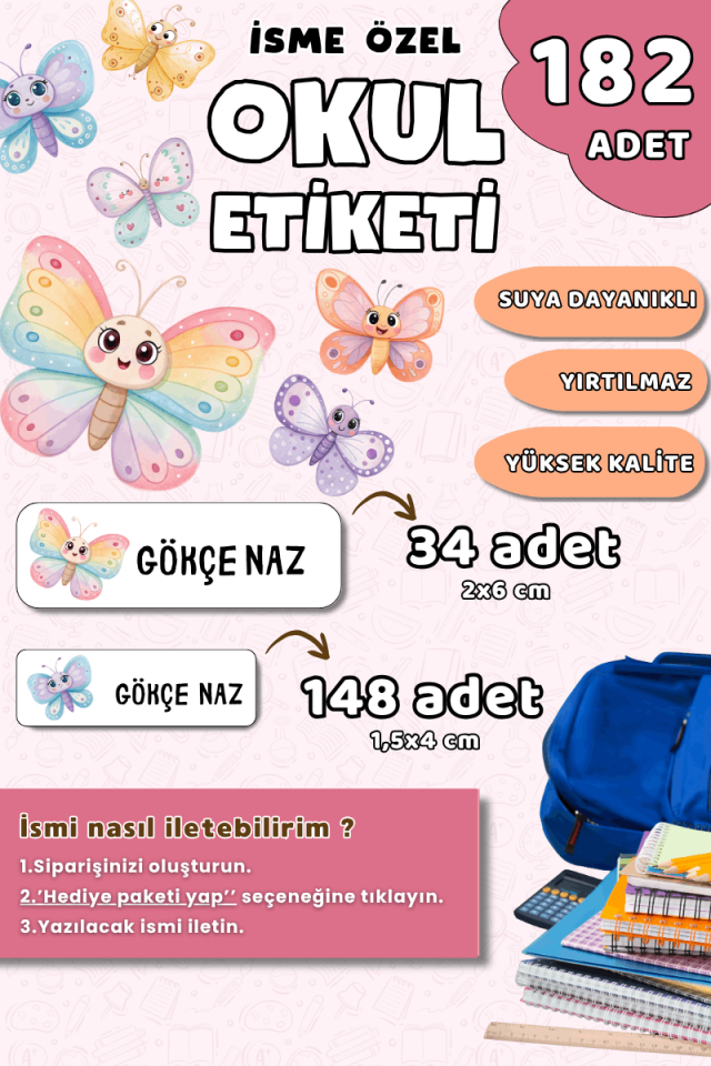 182 Adet Okul Etiketi Kalem Defter Etiketi Kelebek Temalı İsme Özel Etiket