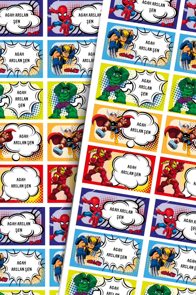 60 Adet Okul Etiketi Kalem Defter Etiketi Spider-Man / Iron Man / Hulk / Thor / X man Temalı