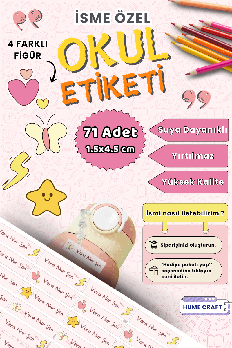 71 Adet Okul Etiketi Kalem Defter Etiketi Kelebek Temalı İsme Özel Etiket