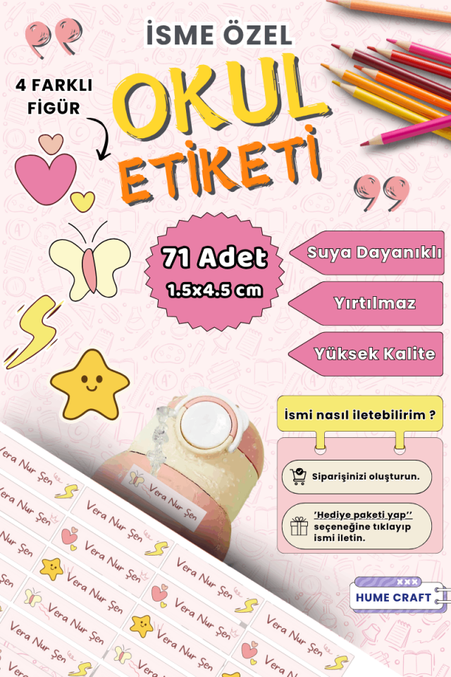 71 Adet Okul Etiketi Kalem Defter Etiketi Kelebek Temalı İsme Özel Etiket