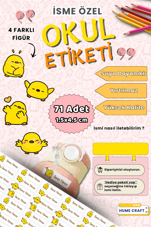 71 Adet 1.5x4.5cm Sevimli Civciv Okul Kalem Defter Etiketi Defter Kişiye Özel İsim Yazılabilen