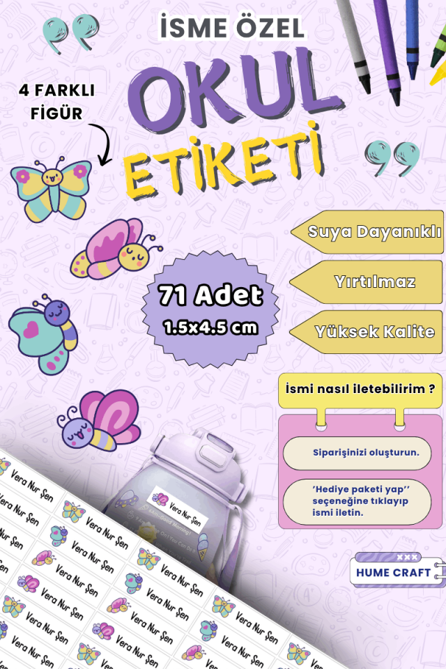 71 Adet 1.5x4.5cm Kelebek Tema Okul Kalem Defter Etiketi Defter Kişiye Özel İsim Yazılabilen Etiket
