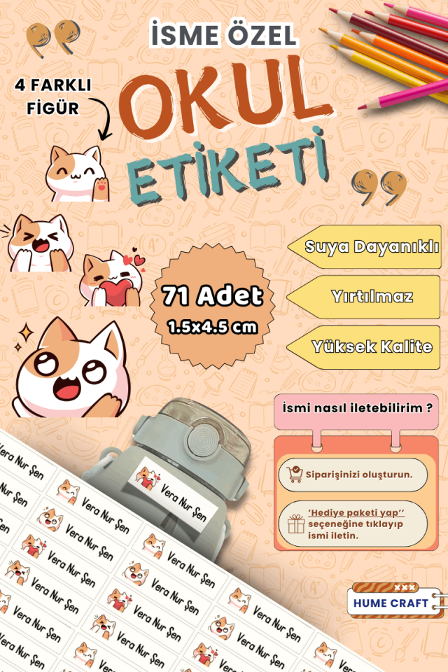 71 Adet 1.5x4.5cm Kedi Tema Okul Kalem Defter Etiketi Defter Kişiye Özel İsim Yazılabilen Etiket