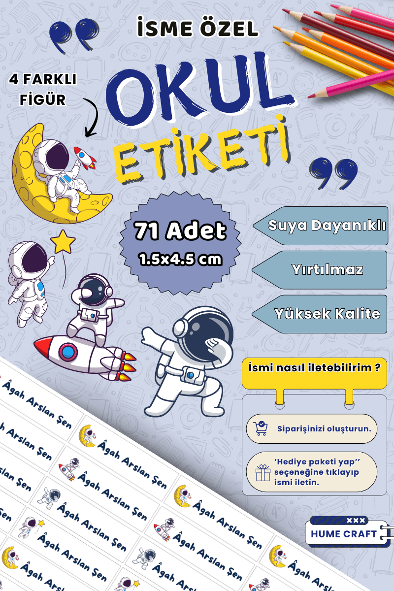 71 Adet Uzay Temalı Okul Kalem Defter Etiketi Kişiye Özel İsim Yazılabilen Etiket