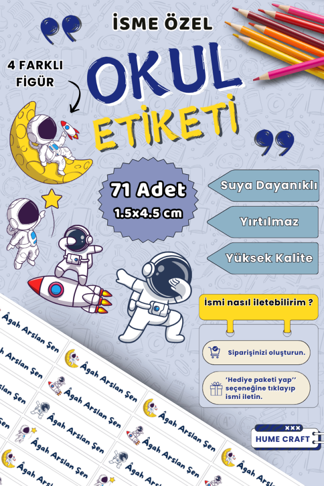 71 Adet Uzay Temalı Okul Kalem Defter Etiketi Kişiye Özel İsim Yazılabilen Etiket