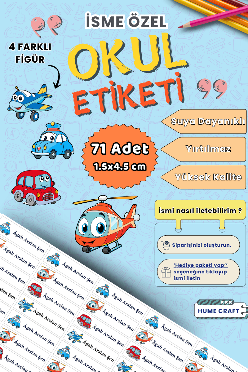 71 Adet Sevimli Taşıtlar Temalı Okul Kalem Defter Etiketi Kişiye Özel İsim Yazılabilen Etiket