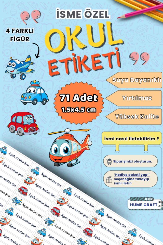 71 Adet Sevimli Taşıtlar Temalı Okul Kalem Defter Etiketi Kişiye Özel İsim Yazılabilen Etiket