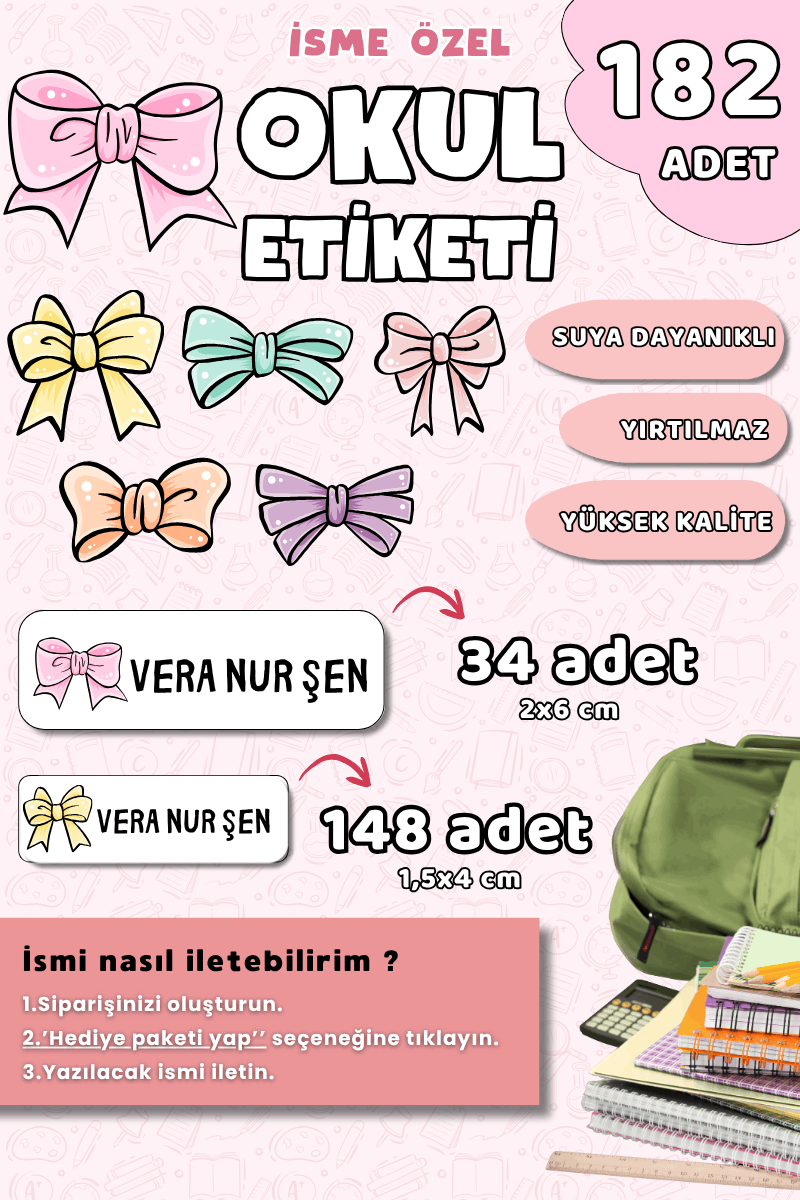 182 Adet Okul Etiketi Kalem Defter Etiketi Kurdele Temalı İsme Özel Etiket