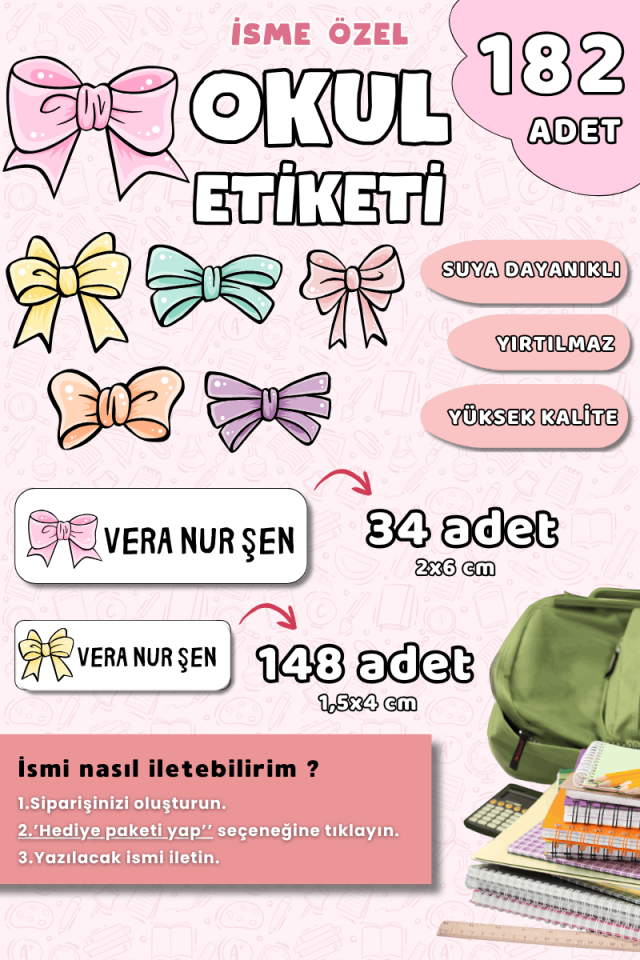 182 Adet Okul Etiketi Kalem Defter Etiketi Kurdele Temalı İsme Özel Etiket