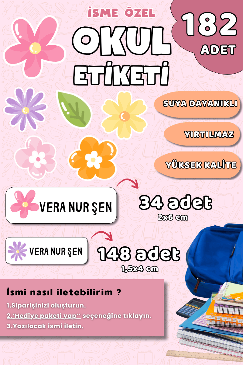 182 Adet Okul Etiketi Kalem Defter Etiketi Çiçek Temalı İsme Özel Etiket