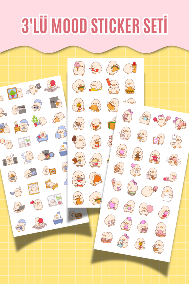 3’lü Mood Sticker Seti – 10x20 cm – Sevimli Karakter Çıkartma Sayfaları (Ajanda, Bullet Journal)