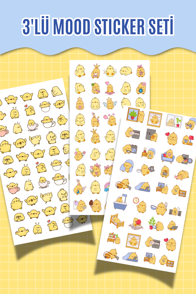 3’lü Civciv Mood Sticker Seti – 10x20 cm – Sevimli Karakter Çıkartma Sayfaları (Ajanda, Bullet Journal)