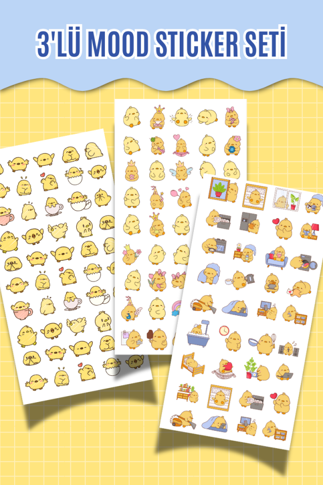 3’lü Civciv Mood Sticker Seti – 10x20 cm – Sevimli Karakter Çıkartma Sayfaları (Ajanda, Bullet Journal)