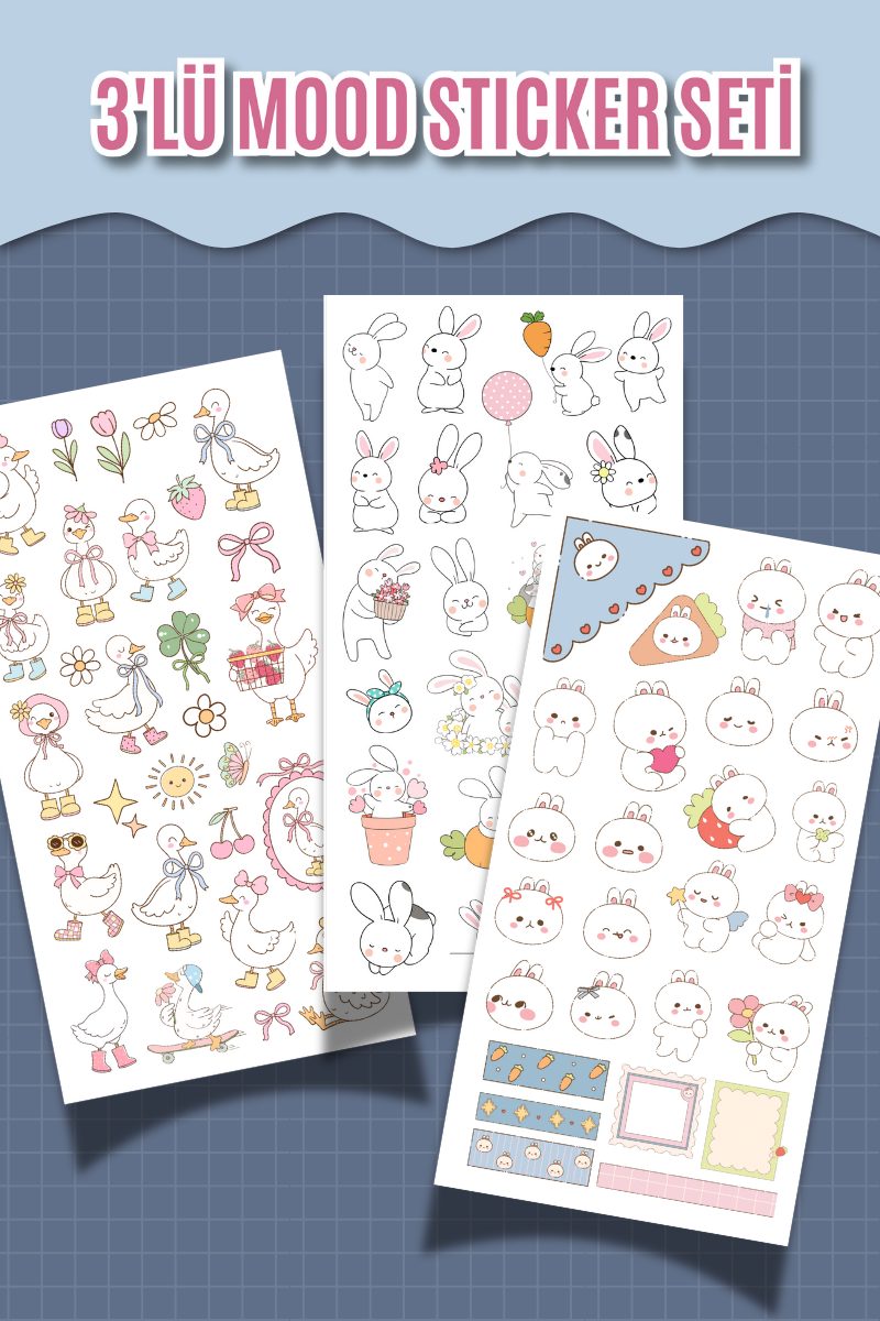 3’lü Mood Sticker Seti – 10x20 cm – Sevimli Karakter Çıkartma Sayfaları (Ajanda, Bullet Journal)(Kopya)