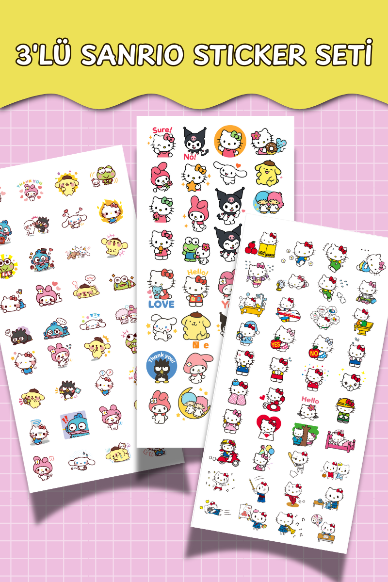 3’lü Sanrio Sticker Seti – Hello Kitty, My Melody, Kuromi – (Ajanda, Defter, Bullet Journal)