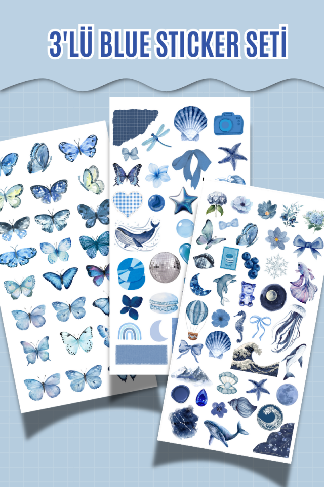 3’lü Blue Sticker Seti – Mavi Temalı Etiketler – (Ajanda, Defter, Bullet Journal , Scrabook)