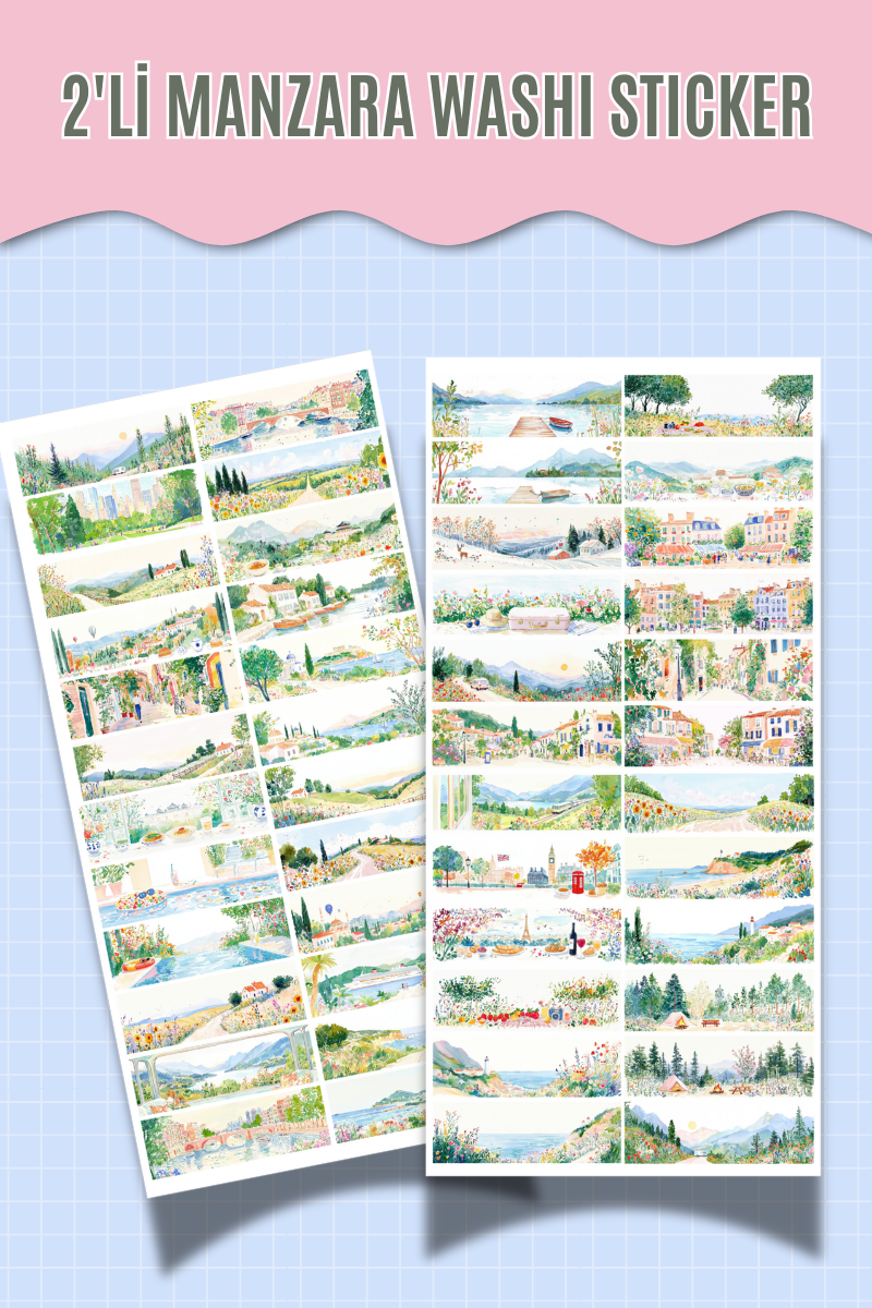 2’li Manzara Washi Sticker Seti – Suluboya Temalı – (Ajanda, Defter, Bullet Journal , Scrabook)