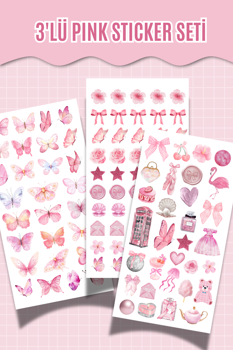 3’lü Pink Sticker Seti – Pembe Temalı Dekoratif Etiketler – (Ajanda, Bullet Journal , Scrabook)