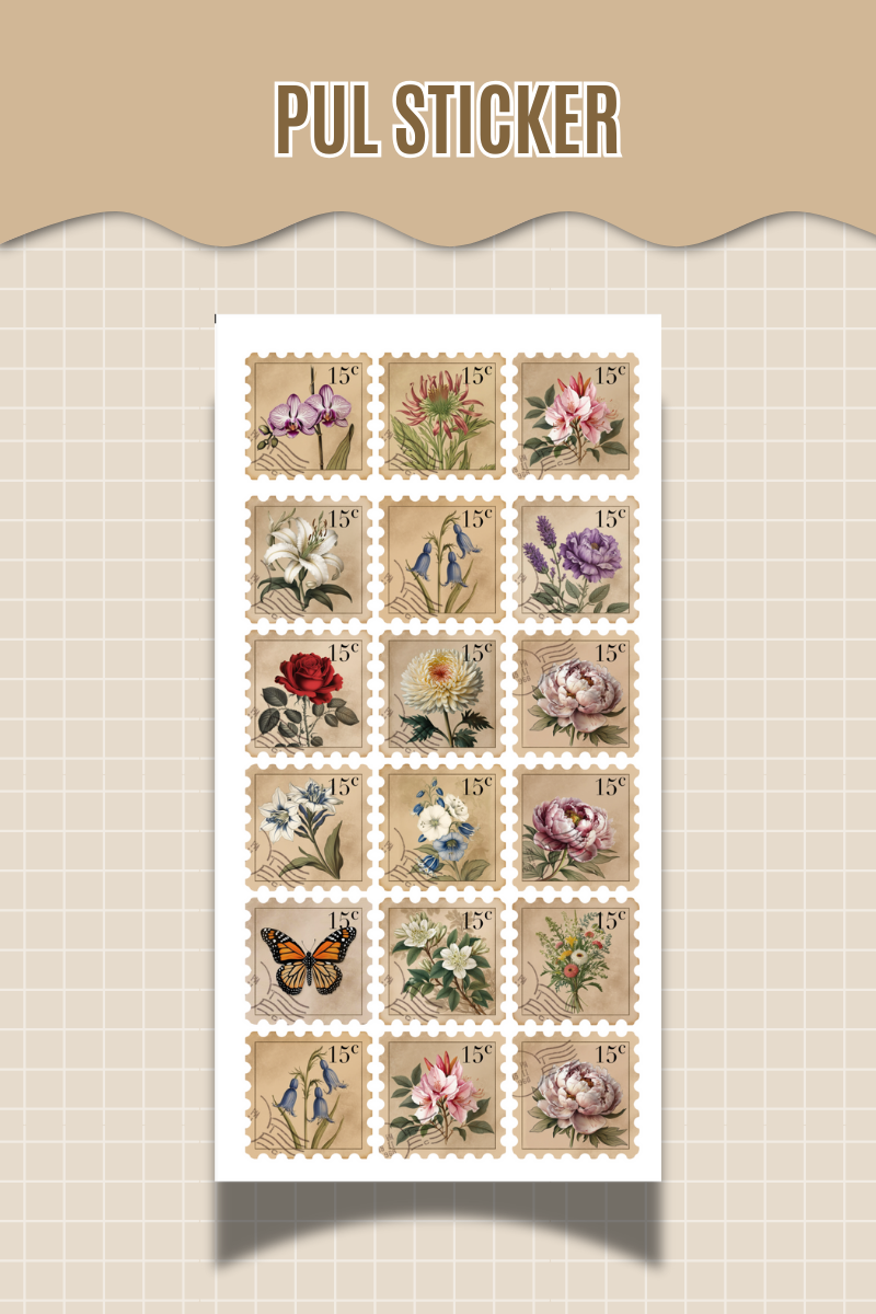 Vintage Pul Sticker – Çiçek ve Kelebek Temalı– (Ajanda, Bullet Journal , Scrapbook)