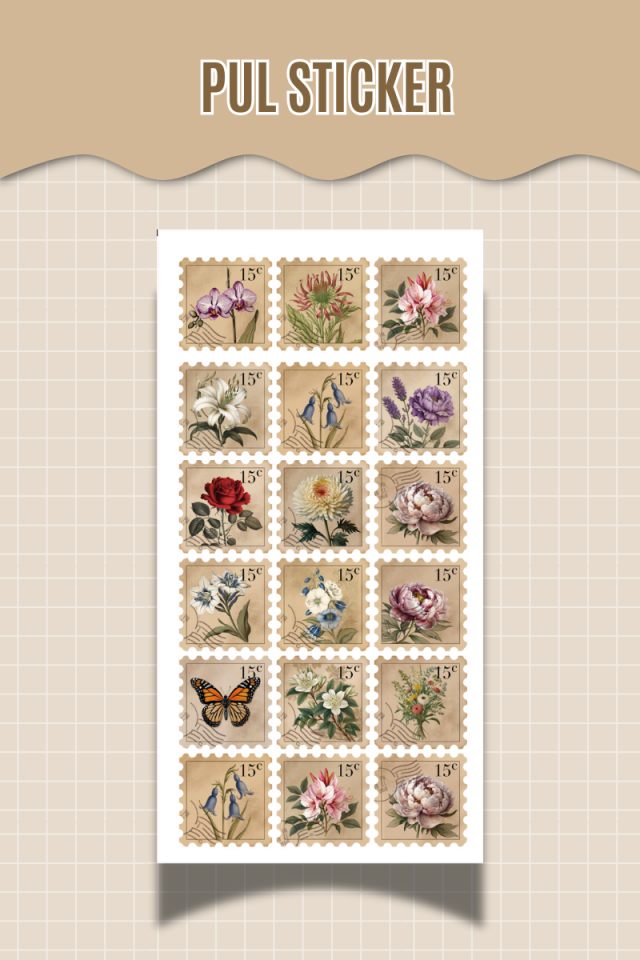 Vintage Pul Sticker – Çiçek ve Kelebek Temalı– (Ajanda, Bullet Journal , Scrapbook)