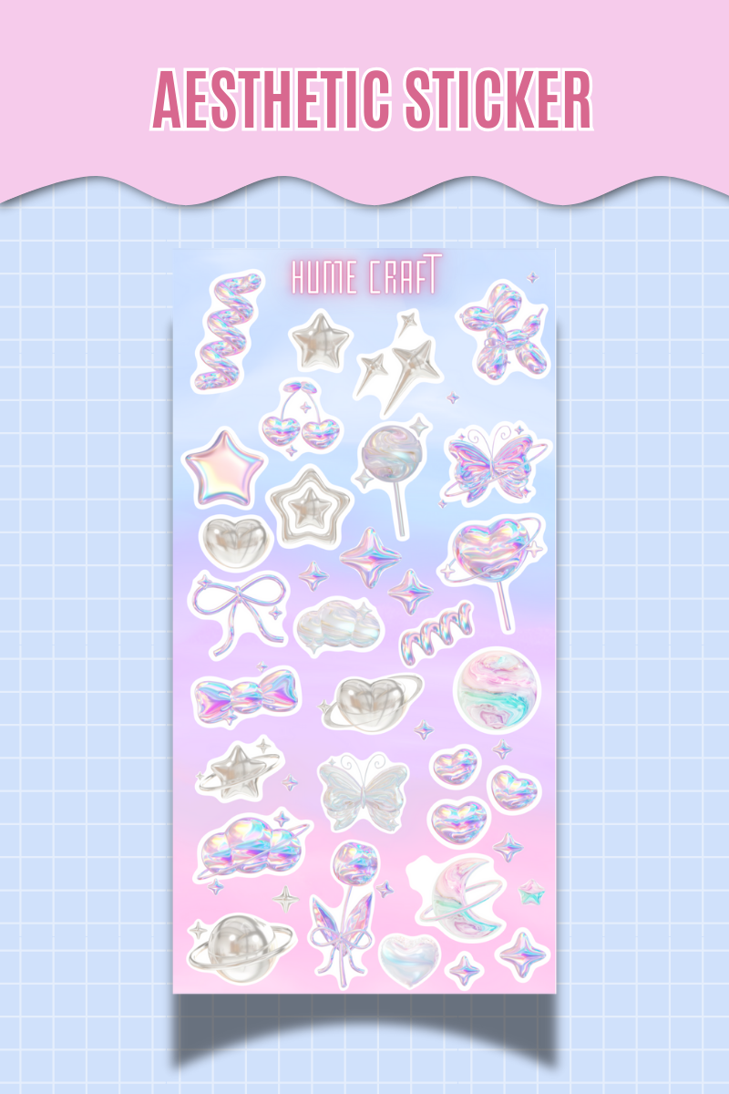 Aesthetic Holografik Görünümlü Sticker– Yıldız Kelebek Kalp Gezegen Ajanda Scrapbook Etiket