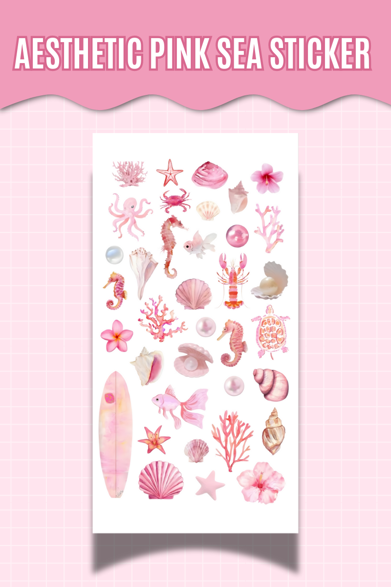 Aesthetic Pembe Deniz Canlıları Kabuk Mercan ve Dekoratif Etiket Ajanda Scrapbook Bullet Journal
