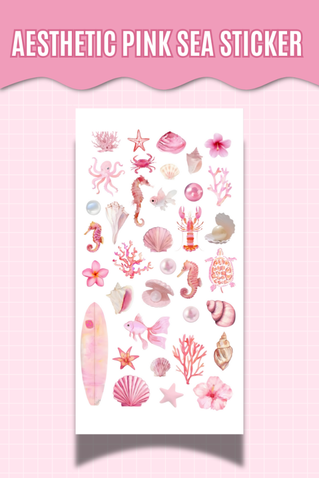 Aesthetic Pembe Deniz Canlıları Kabuk Mercan ve Dekoratif Etiket Ajanda Scrapbook Bullet Journal